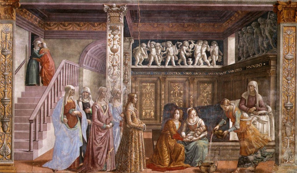 Afresco “Nascimento da Virgem” (entre 1486 e 1490), na Capela Tornabuoni da Igreja Santa Maria Novella (Florença). Obra o artista florentino Domenico Ghirlandaio (1449 – 1494).