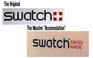 Renomadas marcas como Swatch, Tissot e Victorinox passaram a oferecer linhas sem a cruz... para contentar o Islã. [Ilustrações do “Observatório da Cristianofobia”]