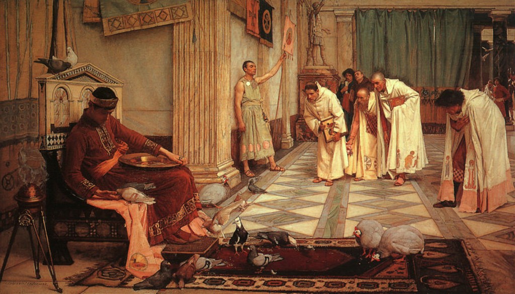 Obra de John William Waterhouse, "The Favorites of the Emperor Honorius" (1883). Enquanto Roma era invadia o Imperador Honório cuidava de suas aves...