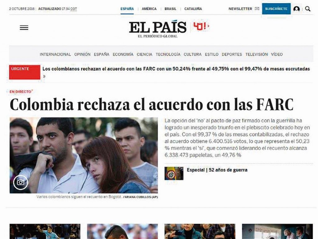 Assim noticiou "El País", de Espanha, o resultado do plebiscito colombiano