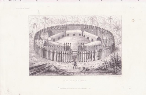 Taba ou aldeia indígena encontrada pelos primeiros colonizadores e missionários (gravura de A.F. Lemaitre)