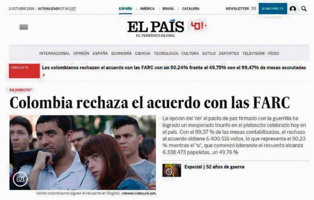 "El Pais" de Espanha, noticia a derrota do "SIM" no plebiscito colombiano
