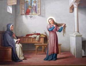 Catarina corta seus cabelos para evitar o casamento -- Obra de Niccolo Franchini, 1769. Santuário Casa de Santa Catarina de Siena.