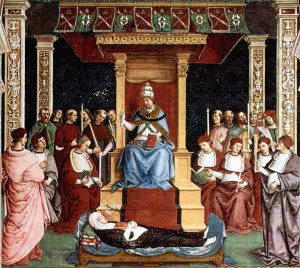 O Papa Pio II canoniza Santa Catarina de Siena -- Afresco do séc. XVI, de Piccolomini Library. Duomo de Siena.