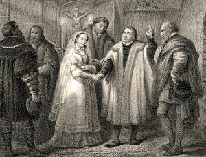 Gravura representando o "casamento" do ex-frade Lutero com a ex-freira Catarina von Bora