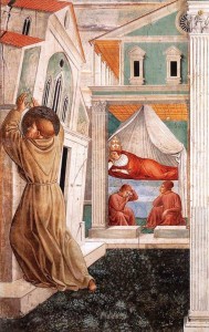 Sonho do Papa Inocêncio III, no qual se vê São Francisco sustentando a Igreja - Benozzo Gozzoli, séc. XIV. Capela na igreja franciscana de Montefalco, Perúgia (Itália)