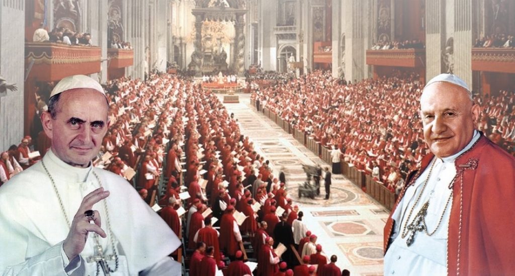 Concílio Vaticano II e os dois Papas da época, João XII (à dir.) e Paulo VI (à esq.)