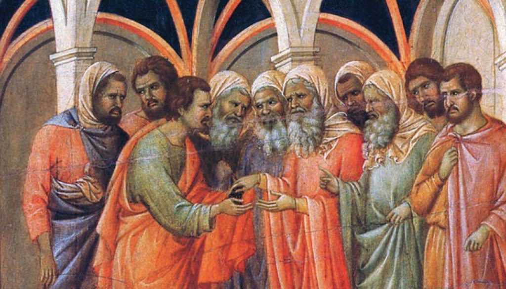 Judas recebe as 30 moedas (La Maestà, detalhe) – Duccio di Buoninsegna, séc. XIV. Museo dell’Opera del Duomo, Siena.
