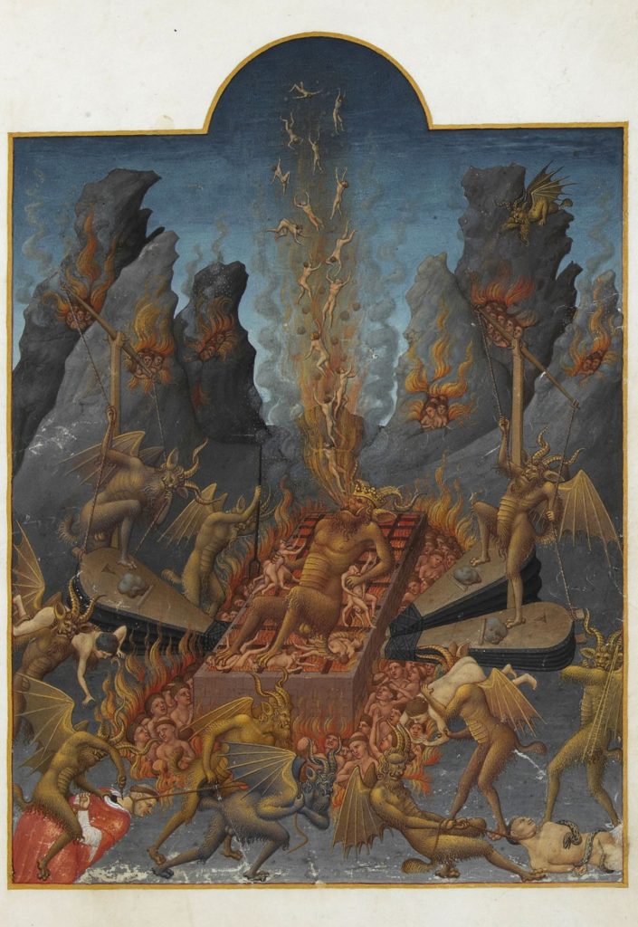 “O Inferno”. Iluminura do livro “Les Très Riches Heures du duc de Berry” (Atualmente conservado no museu Condé, em Chantilly).