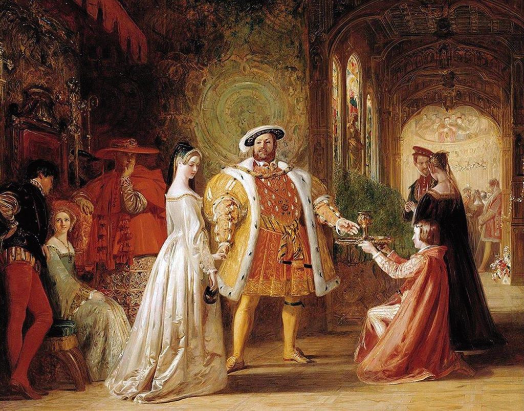 O relativismo moral de Henrique VIII teve como consequências o repúdio de sua legítima esposa, a ruptura com Roma e o nascimento da herética igreja da Inglaterra. (Primeiro encontro de Henrique VIII com Ana Bolena - Daniel Maclise (1806 - 1870). British Institution, Londres).