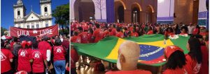 Missa no SantuÃ¡rio de Nossa Senhora Aparecida pelo presidiÃ¡rio Lula da Silva, com a presenÃ§a de petistas com camisetas vermelhas com a estampa de Nossa Senhora na frente e de Lula nas costas.