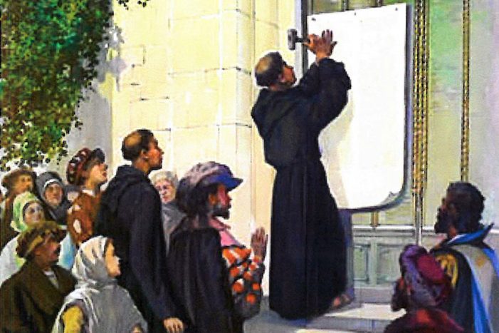 Gravura representando Lutero, em 31 de outubro de 1517, pregando na porta da igreja do castelo de Wittenberg suas “95 Teses” contra o Papado e os ensinamentos da Igreja Católica PROTESTANTISMO — negação do caráter monárquico da Igreja, revolta contra o Papado